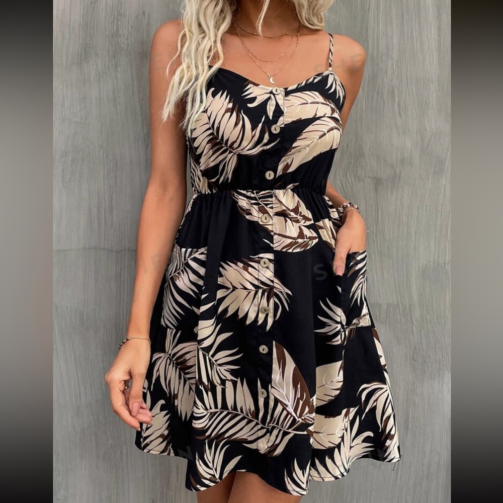 SHEIN Tropical Print Fake Button Cami Dress